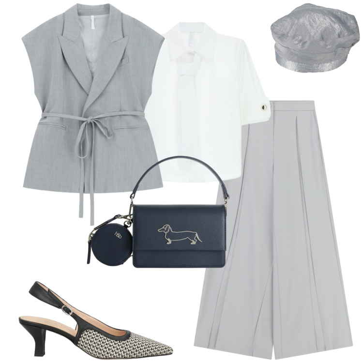 Outfit donna - City. Stile Urban per Tutti i giorni. Abbinamento con cappelli e berretti, décolleté, pantaloni a palazzo, camicie, gilet, borse a tracolla.