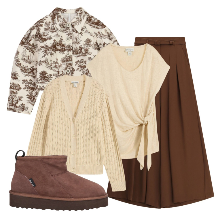 Outfit donna - Total look #2384056. Stile Casual chic per Ufficio. Abbinamento con stivaletti, maglieria, cardigans, pantaloni a palazzo, cappotti.