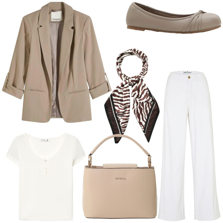 Outfit donna - Come mi vesto in primavera. Stile Casual chic per Tutti i giorni. Abbinamento con jeans, blazer, ballerine, foulard, t-shirt, borse a secchiello.