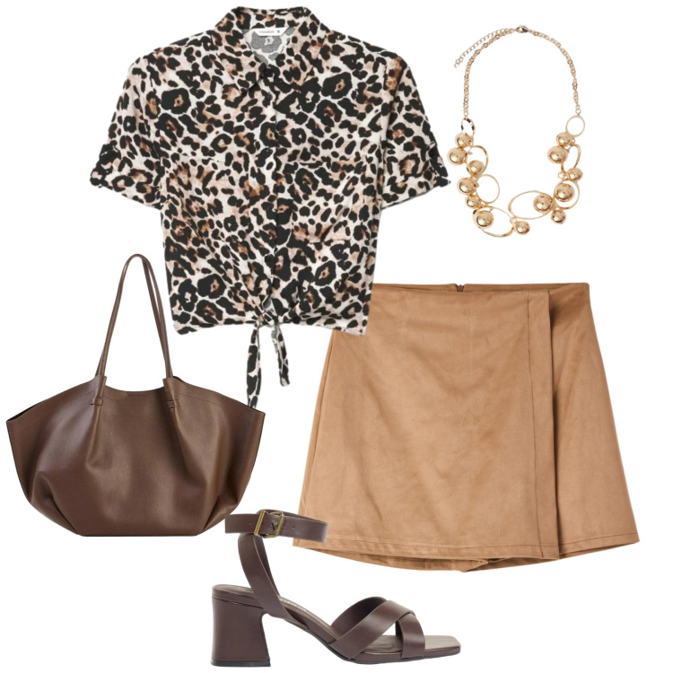 Outfit donna - Terranova. Stile Urban per Tutti i giorni. Abbinamento con sandali col tacco, shopping bag, minigonne, camicie a manica corta, collane.