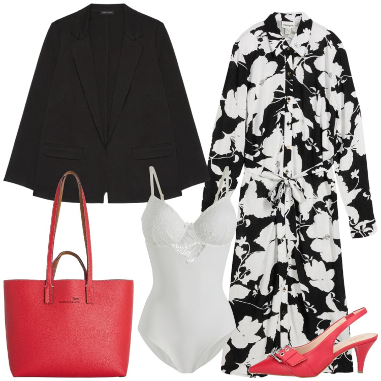 Outfit donna - Total look #2384060. Stile Casual chic per Tutti i giorni. Abbinamento con décolleté, vestiti midi/longuette, body, shopping bag, blazer.