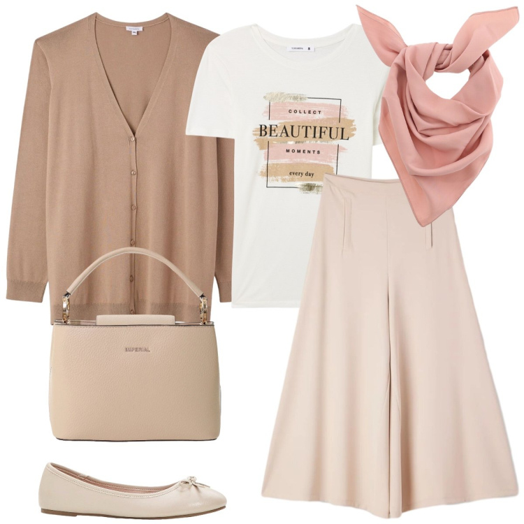 Outfit donna - Total look #2384061. Stile Romantica per Tutti i giorni. Abbinamento con ballerine, cardigans, pantaloni, t-shirt, borse a secchiello, foulard.