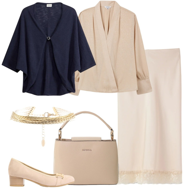 Outfit donna - Eleganza leggera-Focus Donna Curvy. Stile Casual chic per Ufficio. Abbinamento con décolleté, cardigans, bluse, gonne longuette, borse a secchiello, braccialetti.