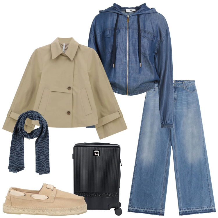 Outfit donna - Weekend fuori città. Stile Casual chic per Tutti i giorni. Abbinamento con felpe con cappuccio, valigie, sciarpe, mocassini, jeans, trench.