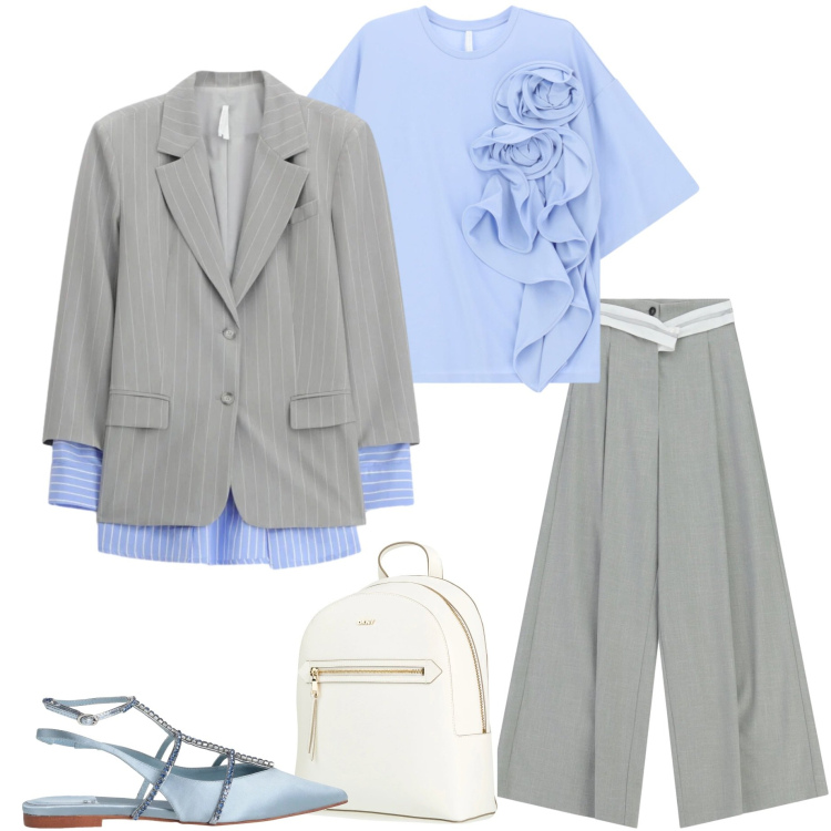 Outfit donna - Un weekend fuori città. Stile Casual chic per Tutti i giorni. Abbinamento con ballerine, zaini, blazer, t-shirt, pantaloni a palazzo.