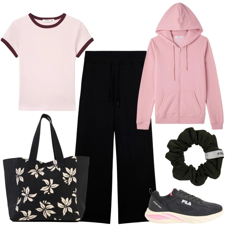 Outfit donna - Sporty-chic in chiave primaverile. Stile Sporty chic per Tutti i giorni. Abbinamento con sneakers, shopping bag, t-shirt, felpe con cappuccio, accessori per capelli, pantaloni.