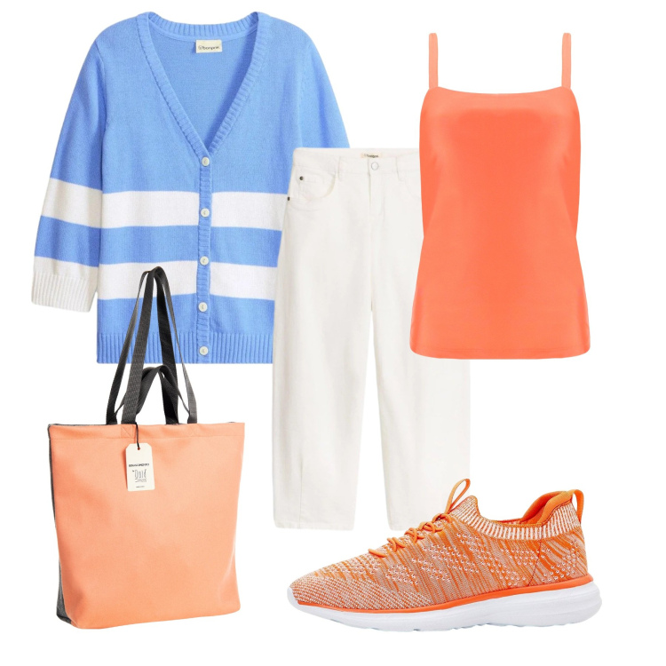 Outfit donna - Fino al tramonto. Stile Urban per Tutti i giorni. look ideale per Tall. Abbinamento con pantaloni, sneakers, cardigans, borse tote, canottiere.