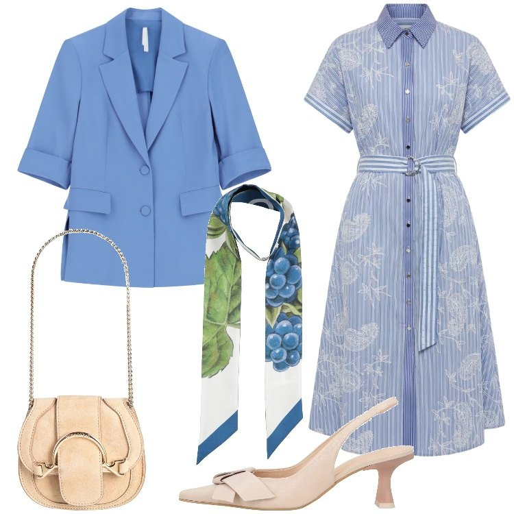 Outfit donna - Il vestito chemisier primaverile. Stile Bon Ton per Serata fuori. Abbinamento con sciarpe, marsupi, décolleté, blazer, vestiti chemisier.