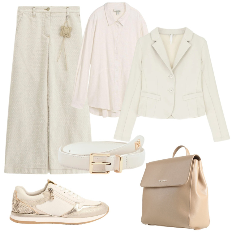 Outfit donna - Effortless. Stile Casual chic per Tutti i giorni. Abbinamento con zaini, sneakers, camicie, pantaloni a palazzo, blazer, cinture.