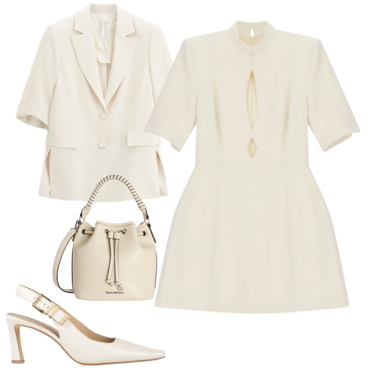 Outfit donna - Total white. Stile Chic per Cerimonia. Abbinamento con décolleté, blazer, vestiti corti, borse a secchiello.