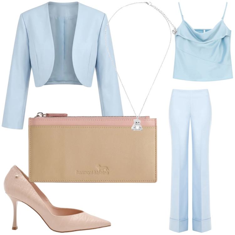 Outfit donna - Cerimonia in tallieur. Stile Bon Ton per Cerimonia. Abbinamento con portafogli, canottiere, bolero, décolleté, pantaloni a palazzo, ciondoli.