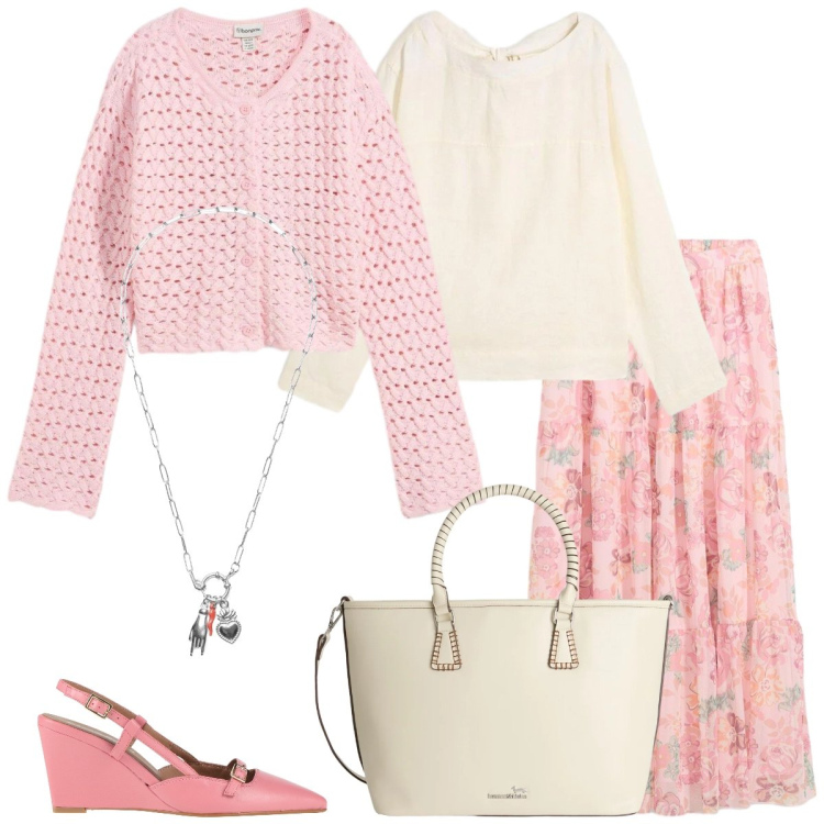 Outfit donna - Total look #2384102. Stile Romantica per Tutti i giorni. Abbinamento con décolleté, cardigans, gonne lunghe, bluse, shopping bag, ciondoli.