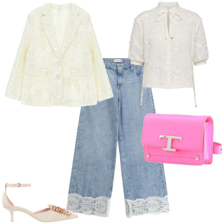 Outfit donna - Casual chic evento serata. Stile Casual chic per Serata fuori. Abbinamento con marsupi, décolleté, blazer, jeans, bluse.