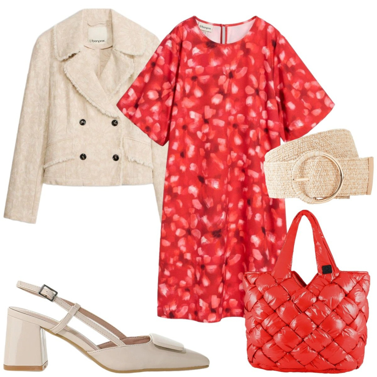 Outfit donna - Un abito per aprile - in rosso. Stile Trendy per Tutti i giorni. Abbinamento con vestiti, cinture, blazer, décolleté, borse tote.