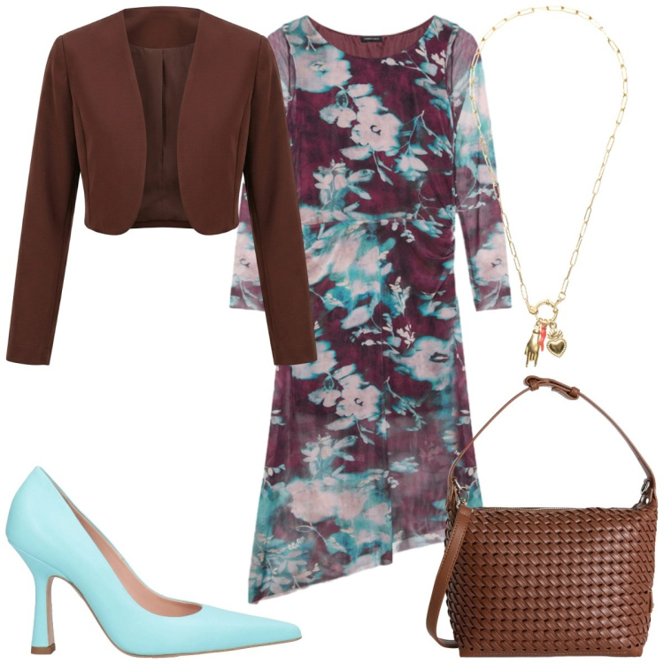 Outfit donna - Un abito per aprile -invitata. Stile Trendy per Cerimonia. Abbinamento con décolleté, bolero, vestiti lunghi, borse a spalla, ciondoli.