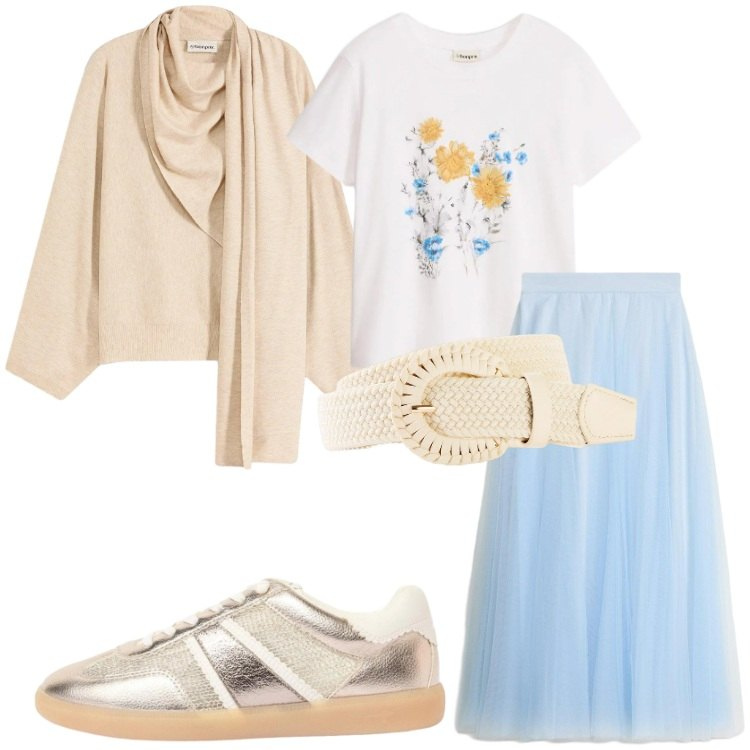 Outfit donna - bonprix - Cool Spring. Stile Romantica per Tutti i giorni. Abbinamento con t-shirt, cinture, maglieria, sneakers, gonne lunghe.