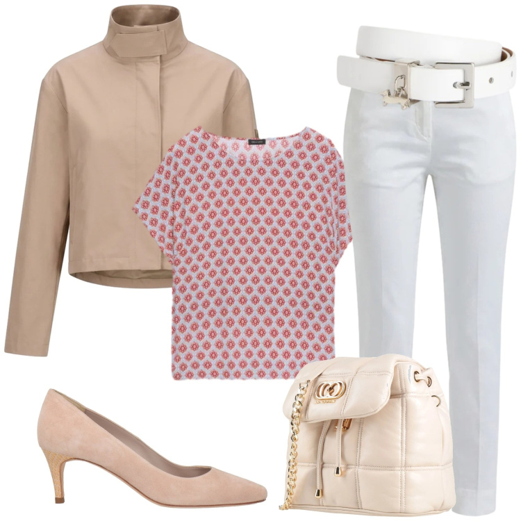 Outfit donna - Total look #2384119. Stile Casual chic per Ufficio. Abbinamento con valigie, décolleté, t-shirt, pantaloni, cinture, blazer.