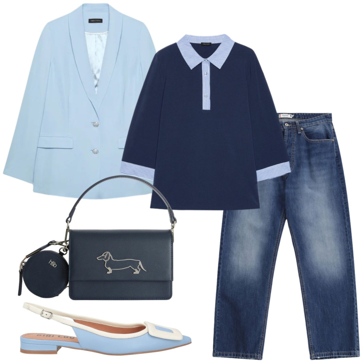 Outfit donna - Total look #2384120. Stile Casual chic per Ufficio. Abbinamento con ballerine, polo, blazer, jeans dritti, borse a tracolla.
