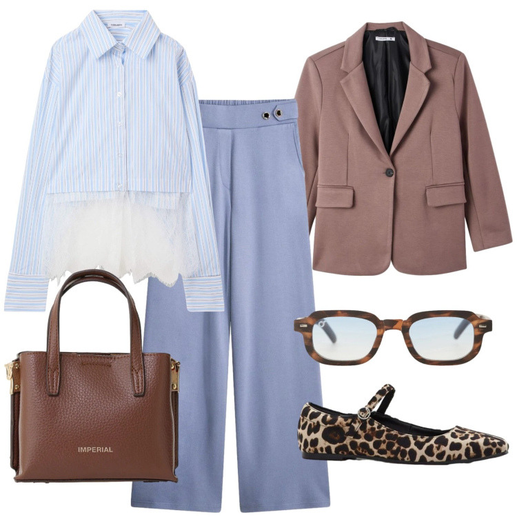 Outfit donna - Disinvolta. Stile Casual chic per Ufficio. Abbinamento con pantaloni, ballerine, camicie, blazer, occhiali da sole, borse a tracolla.