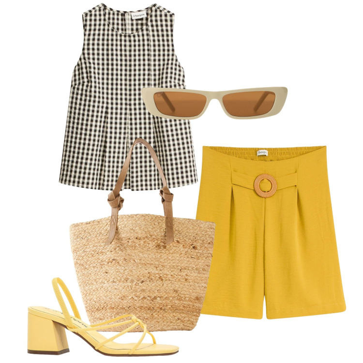 Outfit donna - Giallo sole e quadretti vichy. Stile Bon Ton per Tutti i giorni. Abbinamento con canottiere, shorts, shopping bag, sandali col tacco, occhiali da sole.
