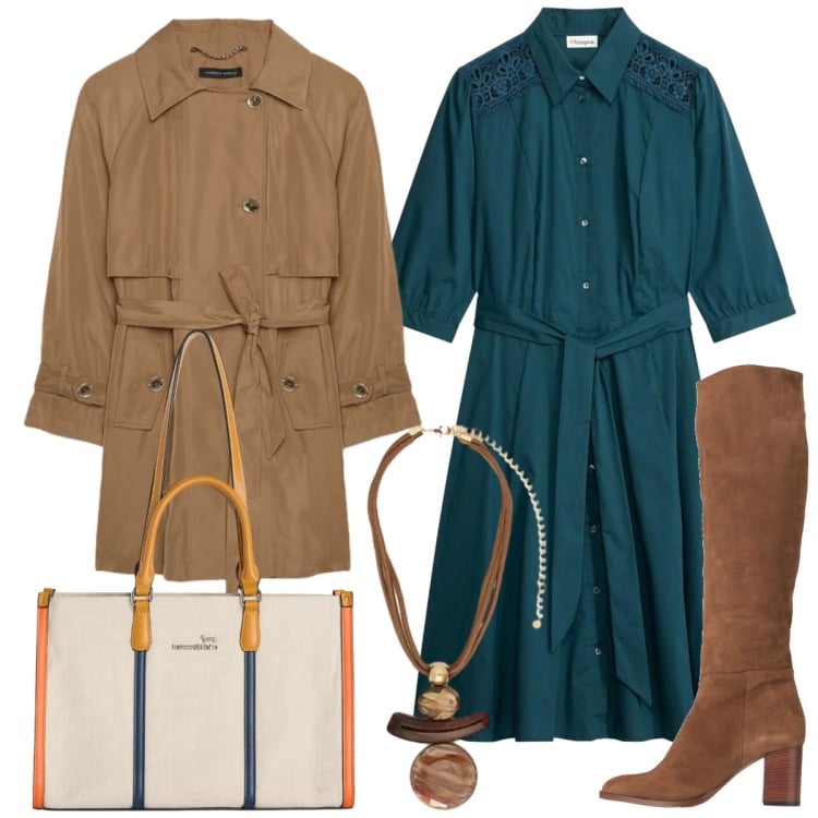Outfit donna - Total look #2384125. Stile Casual chic per Tutti i giorni. Abbinamento con stivali, vestiti chemisier, borse tote, ciondoli, trench.