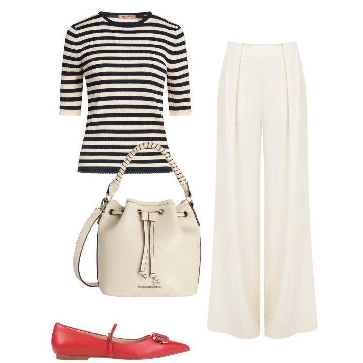 Outfit donna - Semplice e chic. Stile Casual chic per Tutti i giorni. Abbinamento con pullovers, ballerine, pantaloni a palazzo, borse a secchiello.