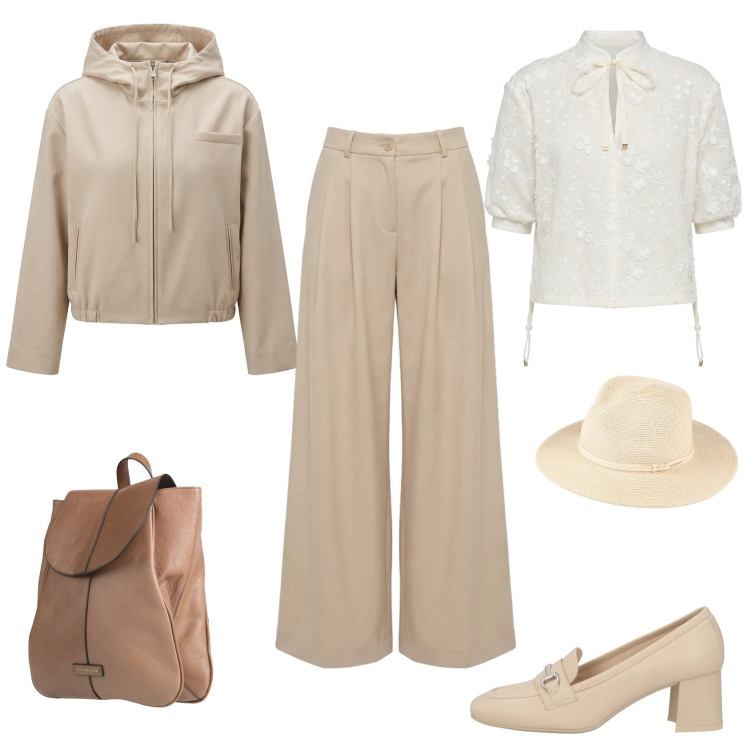 Outfit donna - Total look #2384128. Stile Casual chic per Tutti i giorni. Abbinamento con mocassini, zaini, cappelli, bluse, cappotti, pantaloni.