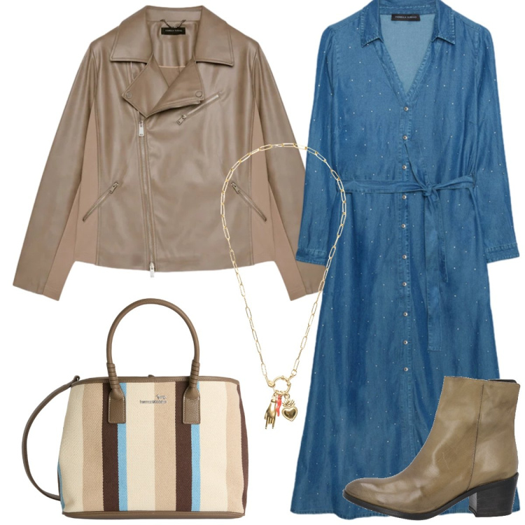 Outfit donna - Total look #2384129. Stile Casual per Tutti i giorni. Abbinamento con stivaletti, vestiti, blazer, shopping bag, ciondoli.