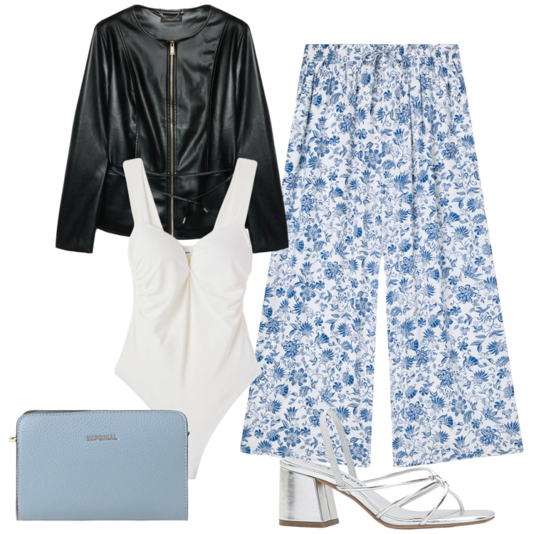 Outfit donna - Sandali argento e pantaloni a fiori. Stile Trendy per Tutti i giorni. Abbinamento con sandali col tacco, pantaloni a palazzo, top, borse a tracolla, blazer.