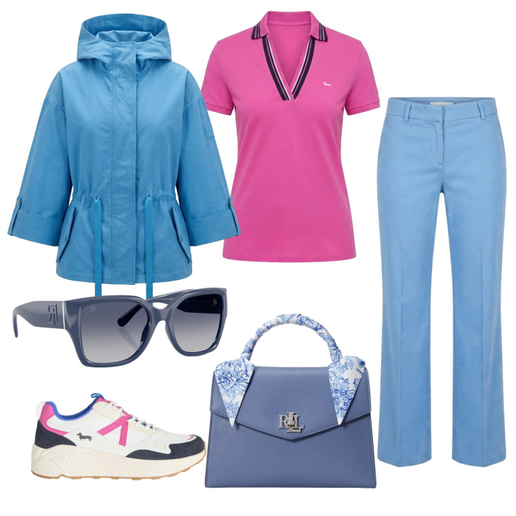 Outfit donna - Total look #2384135. Stile Casual chic per Scuola/Università. Abbinamento con caban, pantaloni, sneakers, polo, occhiali da sole, borse a mano.