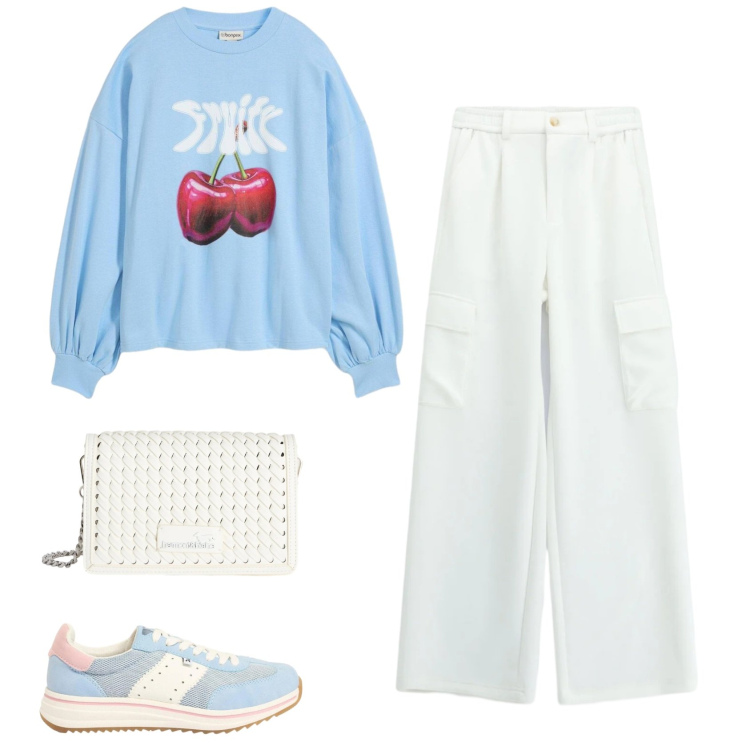 Outfit donna - Cherries in blue. Stile Casual per Tutti i giorni. Abbinamento con felpe, sneakers, pantaloni cargo, borse a tracolla.