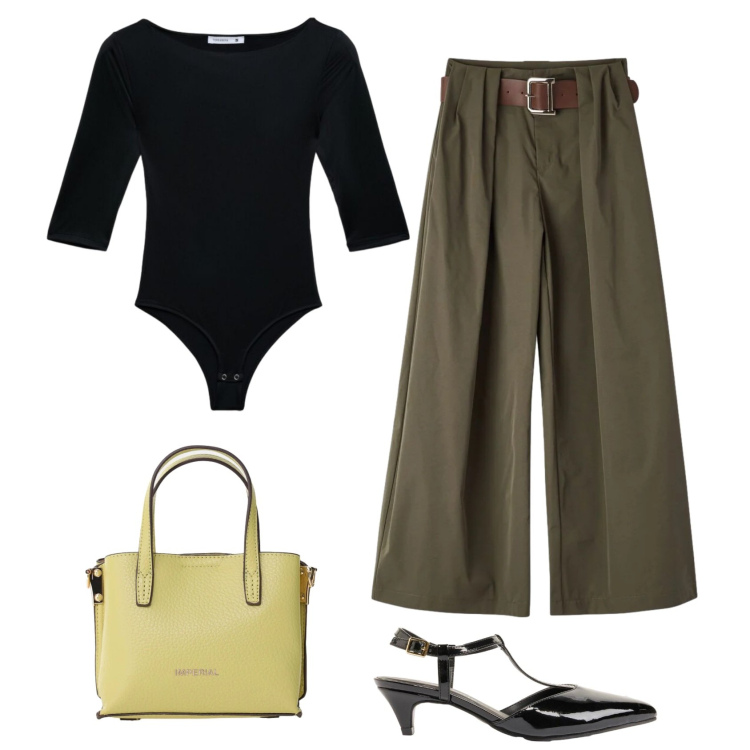 Outfit donna - Urban chic. Stile Urban per Tutti i giorni. Abbinamento con décolleté, t-shirt, pantaloni, borse a tracolla.
