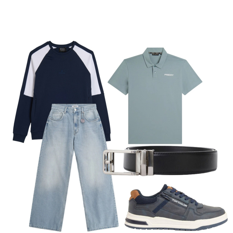 Outfit uomo - Sporty chic. Stile Casual per Tutti i giorni. Abbinamento con sneakers, jeans, cinture, felpe, polo.