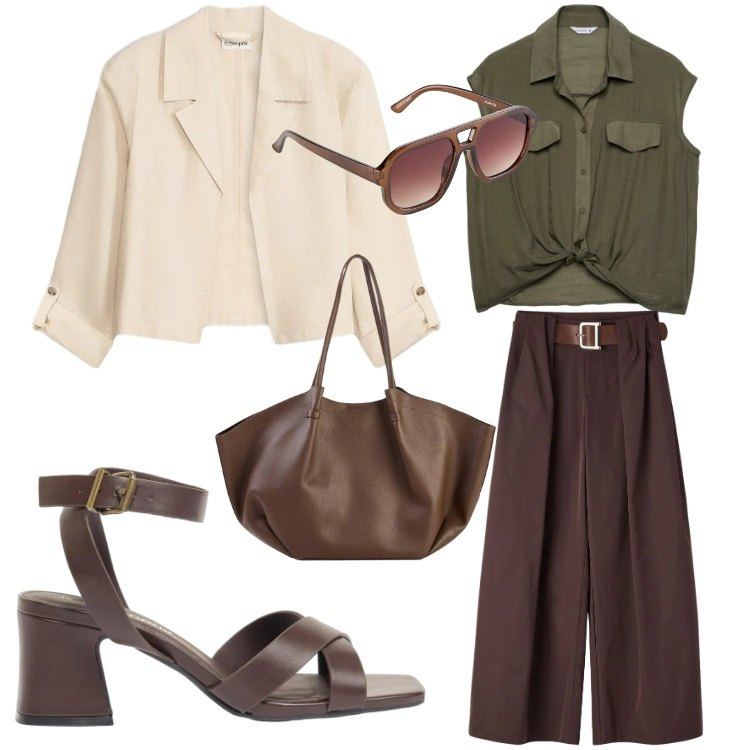 Outfit donna - Effortless, but on point. Stile Casual chic per Ufficio. Abbinamento con sandali col tacco, blazer, occhiali da sole, shopping bag, pantaloni, camicie a manica corta.