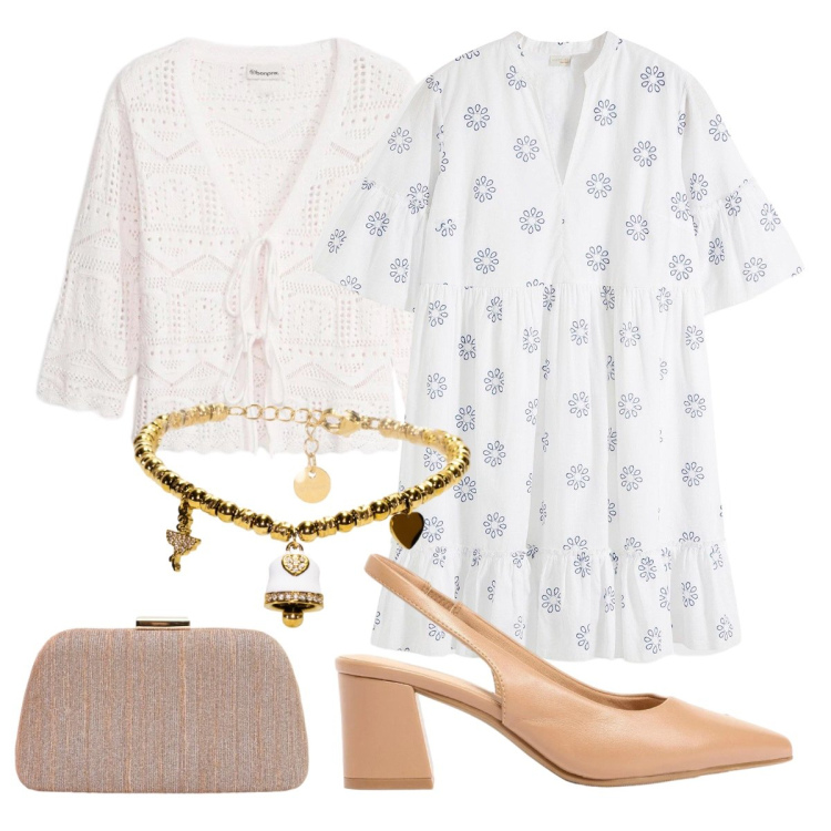 Outfit donna - Effortless chic. Stile Chic per Cerimonia. Abbinamento con cardigans, vestiti, décolleté, pochette, braccialetti.