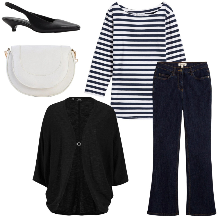 Outfit donna - Primavera con Bonprix. Stile Casual chic per Tutti i giorni. Abbinamento con cardigans, jeans bootcut, maglieria, borse a tracolla, décolleté.