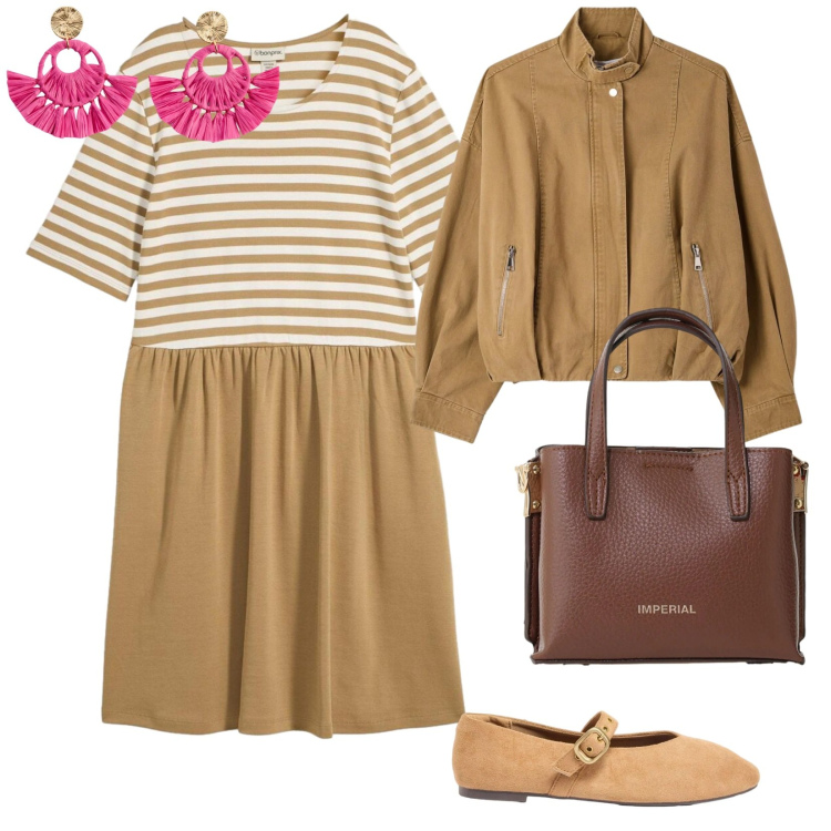 Outfit donna - Un abito per aprile. per Tutti i giorni. Abbinamento con vestiti, orecchini, ballerine, bomber, borse a tracolla.