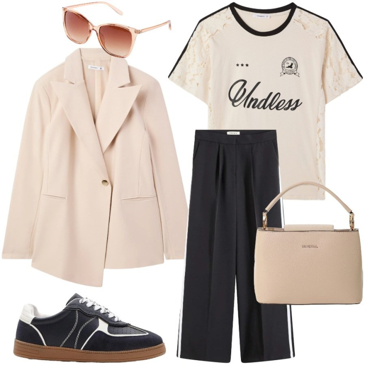 Outfit donna - Toni neutri di primavera. Stile Casual chic per Ufficio. Abbinamento con pantaloni a palazzo, sneakers, occhiali da sole, blazer, t-shirt, borse a secchiello.