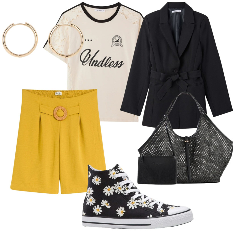 Outfit donna - Sportiva in giacca. per Tutti i giorni. Abbinamento con shorts, shopping bag, orecchini, sneakers, blazer, t-shirt.