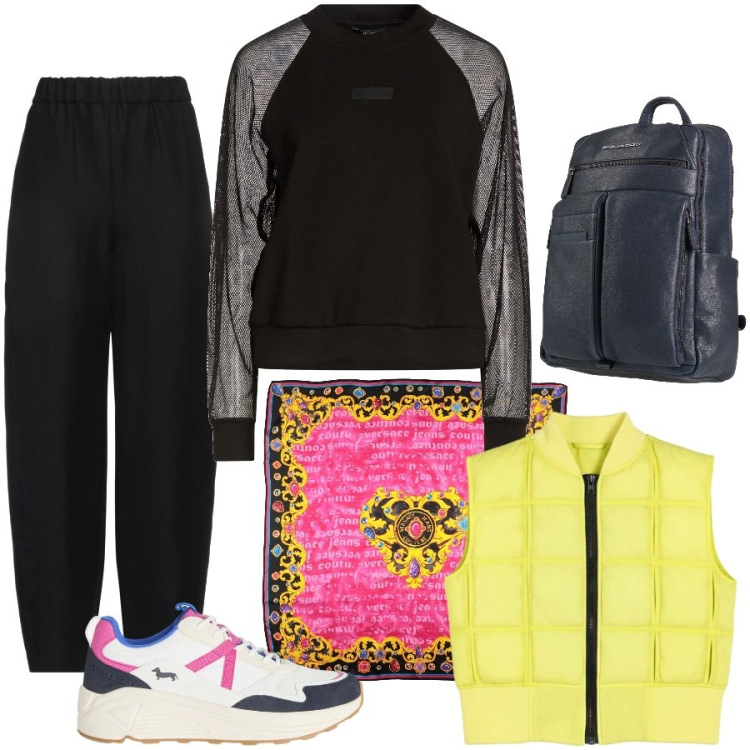 Outfit donna - Sporty chic in città. Stile Sporty chic per Tutti i giorni. Abbinamento con zaini, pantaloni, sciarpe, felpe, sneakers, piumini.