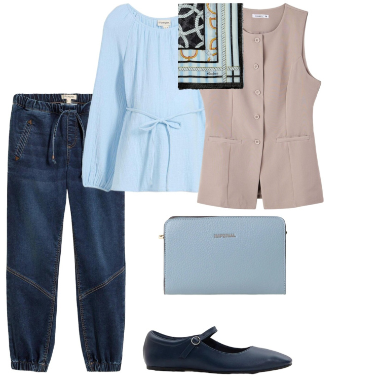 Outfit donna - Le ballerine blù. per Tutti i giorni. Abbinamento con bluse, pantaloni, ballerine, gilet, borse a tracolla, foulard.