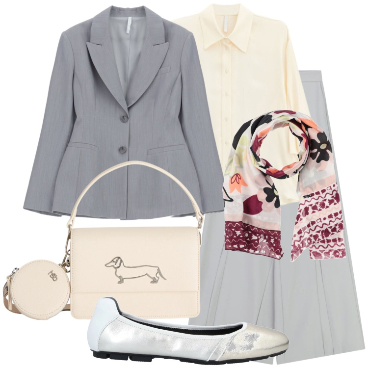 Outfit donna - Panna e gradazioni di grigio. Stile Glamour per Ufficio. Abbinamento con ballerine, sciarpe, blazer, pantaloni a palazzo, camicie, borse a tracolla.