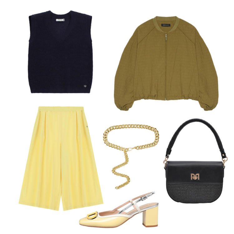 Outfit donna - Limone time. Stile Casual chic per Serata fuori. Abbinamento con décolleté, blazer, borse a spalla, cinture, pantaloni a palazzo, top.