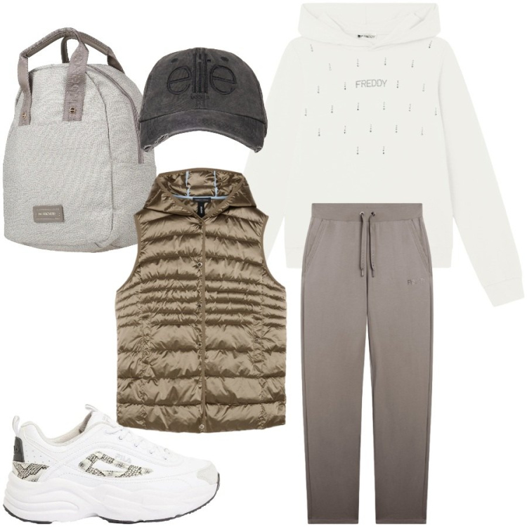 Outfit donna - Un weekend fuori città. Stile Casual chic per Tutti i giorni. Abbinamento con zaini, sneakers, piumini, pantaloni, felpe con cappuccio, cappelli.