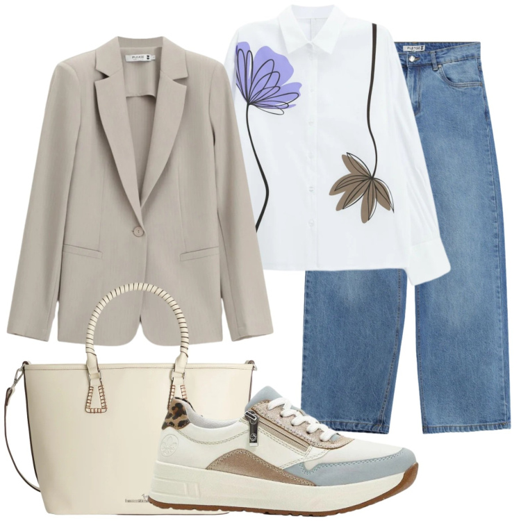Outfit donna - Casual in ufficio. Stile Casual chic per Ufficio. Abbinamento con sneakers, blazer, jeans, shopping bag, camicie.