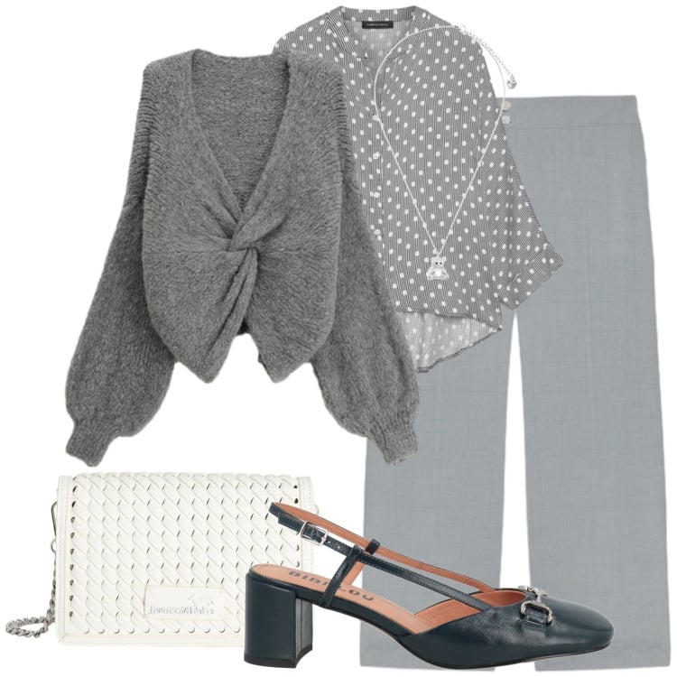 Outfit donna - Curvy style in grigio. Stile Casual chic per Ufficio. Abbinamento con décolleté, camicie, pantaloni, cardigans, borse a tracolla, ciondoli.