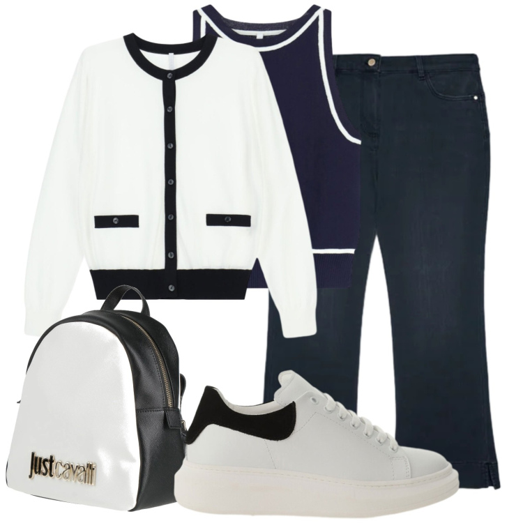 Outfit donna - Positivo Negativo Curvy style. Stile Urban per Ufficio. Abbinamento con zaini, jeans dritti, top, cardigans, sneakers.