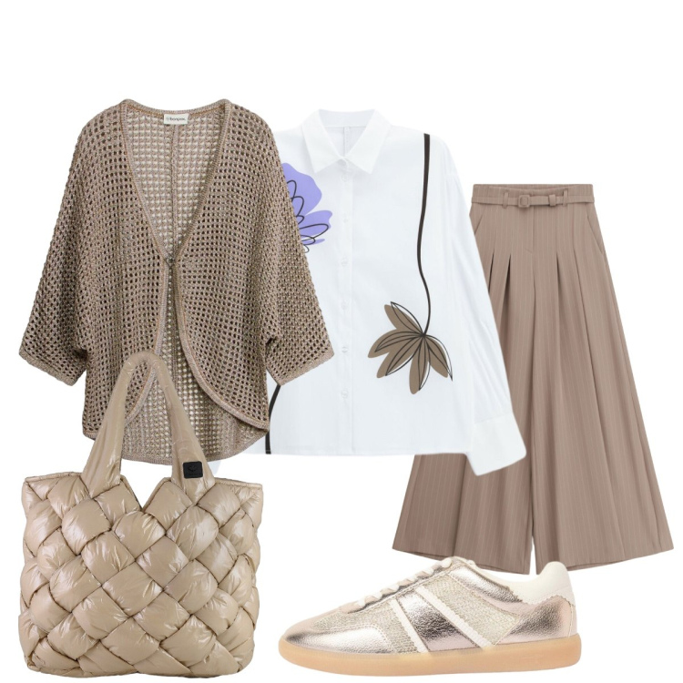 Outfit donna - Equilibrio tra confort e praticità. Stile Trendy per Tutti i giorni. Abbinamento con cardigans, sneakers, pantaloni a palazzo, camicie, borse tote.