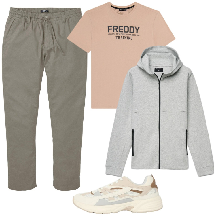 Outfit uomo - Toni chiari. Stile Casual per Tutti i giorni. Abbinamento con pantaloni chino, sneakers, felpe con cappuccio, t-shirt.