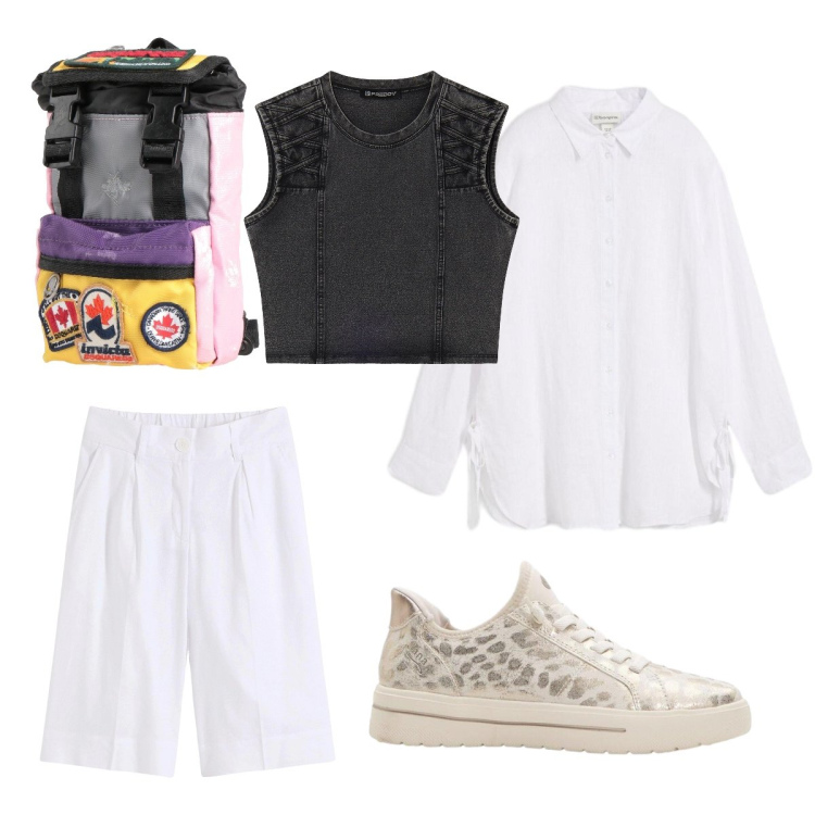 Outfit donna - Parto per il concerto fuori città. Stile Trendy per Serata fuori. Abbinamento con zaini, bermuda, sneakers, camicie, top.